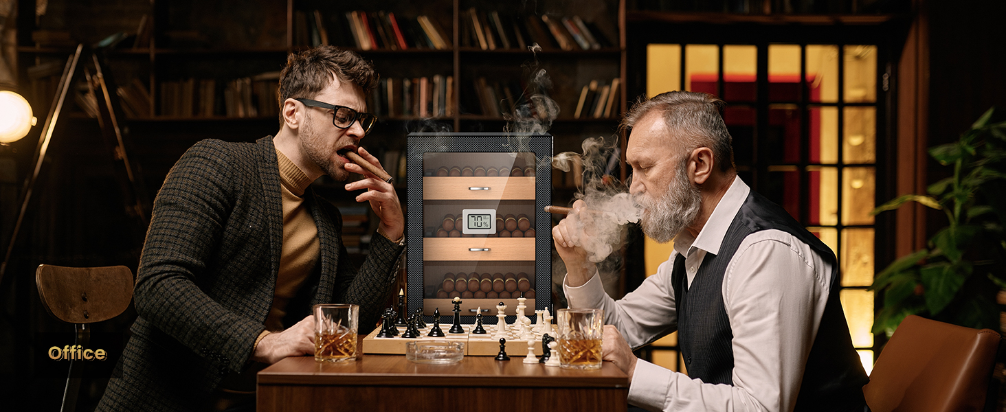 Office setting with two men enjoying cigars and whiskey over a chess game, featuring a carbon fiber cigar humidor with wooden drawers and a hygrometer, blending leisure with sophistication.