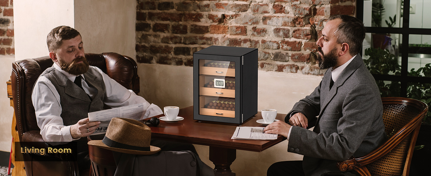 Classic living room setting with two men enjoying cigars and coffee, featuring a carbon fiber cigar humidor with wooden drawers and a hygrometer, providing an elegant touch and optimal cigar storage