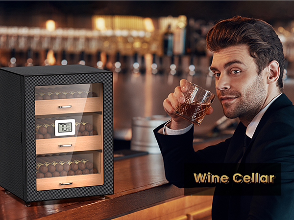 Luxurious bar setting featuring a carbon fiber cigar humidor with wooden drawers and a hygrometer, ideal for enhancing the ambiance and preserving cigars at optimal humidity levels.