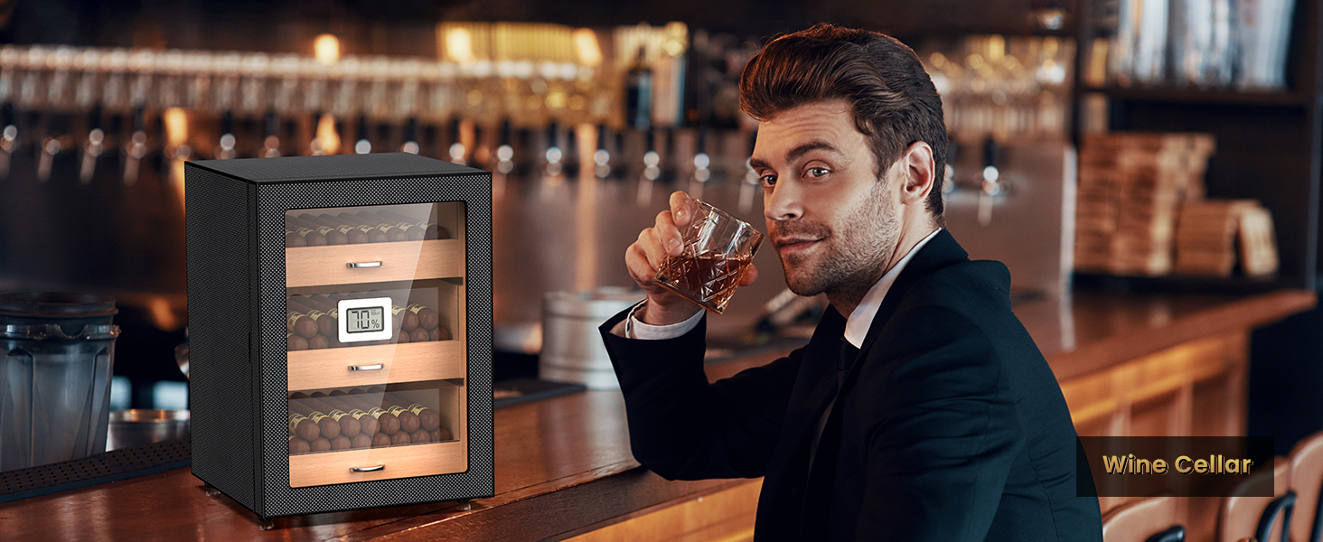 Luxurious bar setting featuring a carbon fiber cigar humidor with wooden drawers and a hygrometer, ideal for enhancing the ambiance and preserving cigars at optimal humidity levels.