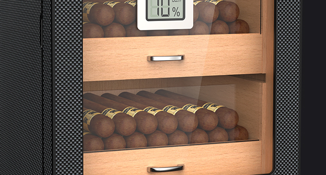 Stylish cigar humidor featuring carbon fiber exterior, transparent wooden drawers, and a digital hygrometer for precise humidity monitoring, ensuring ideal storage for cigars.