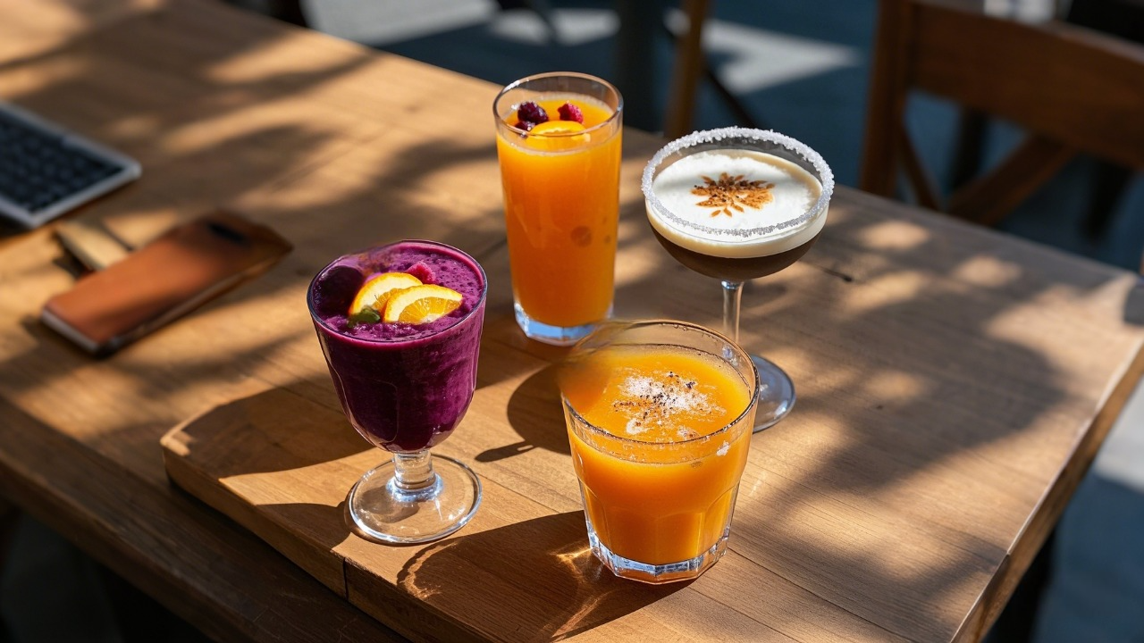 A variety of colorful frozen drinks and smoothies, including berry slush, citrus juice, espresso cocktail, and tropical fruit mix, served on a wooden table in natural sunlight. Perfect for summer refreshment.