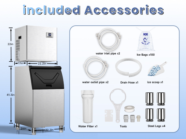 Commercial ice maker dimensions (22.2x17x41.3 inches) and included accessories: water inlet/outlet pipes, drain hose, ice scoop, water filter, tools, ice bags, and steel legs for setup.