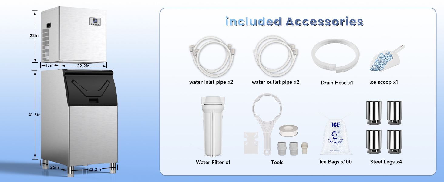 Commercial ice maker dimensions (22.2x17x41.3 inches) and included accessories: water inlet/outlet pipes, drain hose, ice scoop, water filter, tools, ice bags, and steel legs for setup.