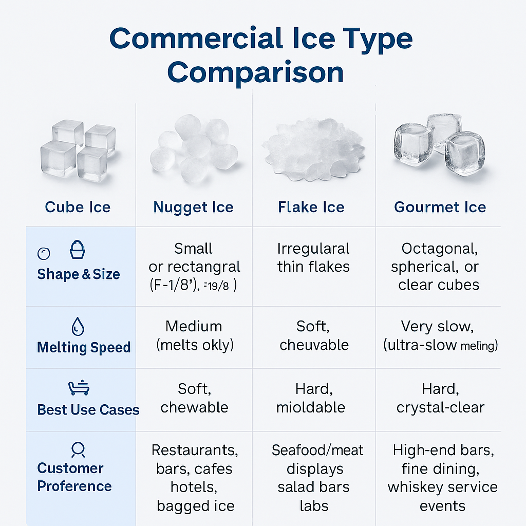 Comparison of Cube, Nugget, Flake, and Gourmet Ice types with shapes, melting speeds, textures, and use cases in a clean infographic layout.