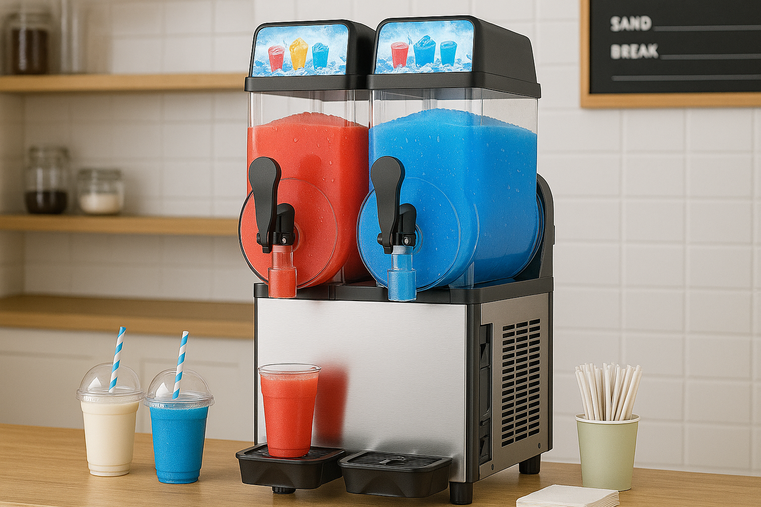 Modern café counter with a Mojgar slushy machine and clear cups filled with red and blue slushies, colorful straws, and branded accessories