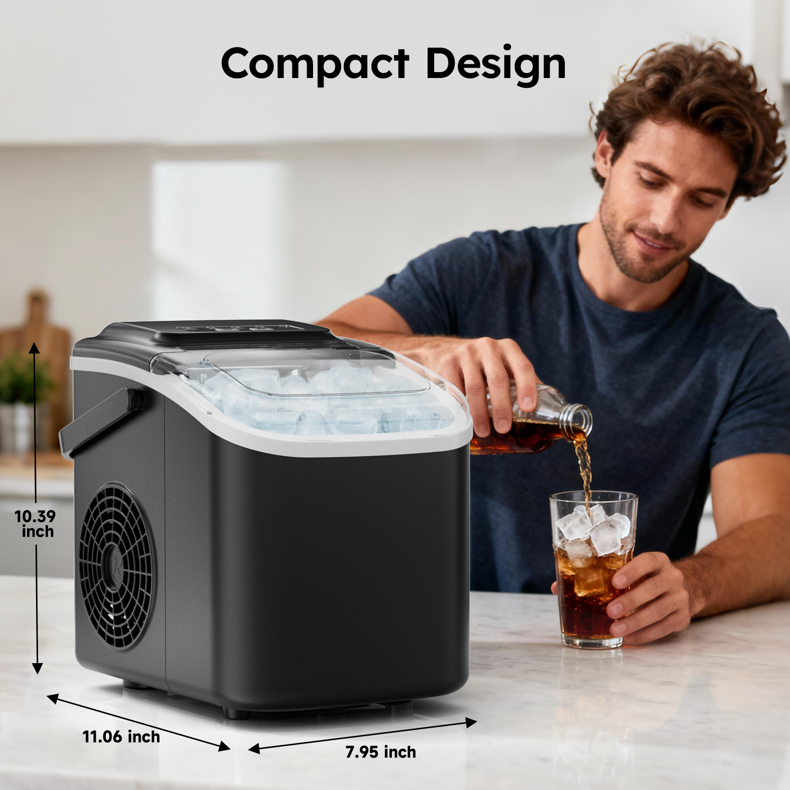 Compact design of the ice maker, perfect for home use and easy to store, ideal for small kitchens and tight spaces.
