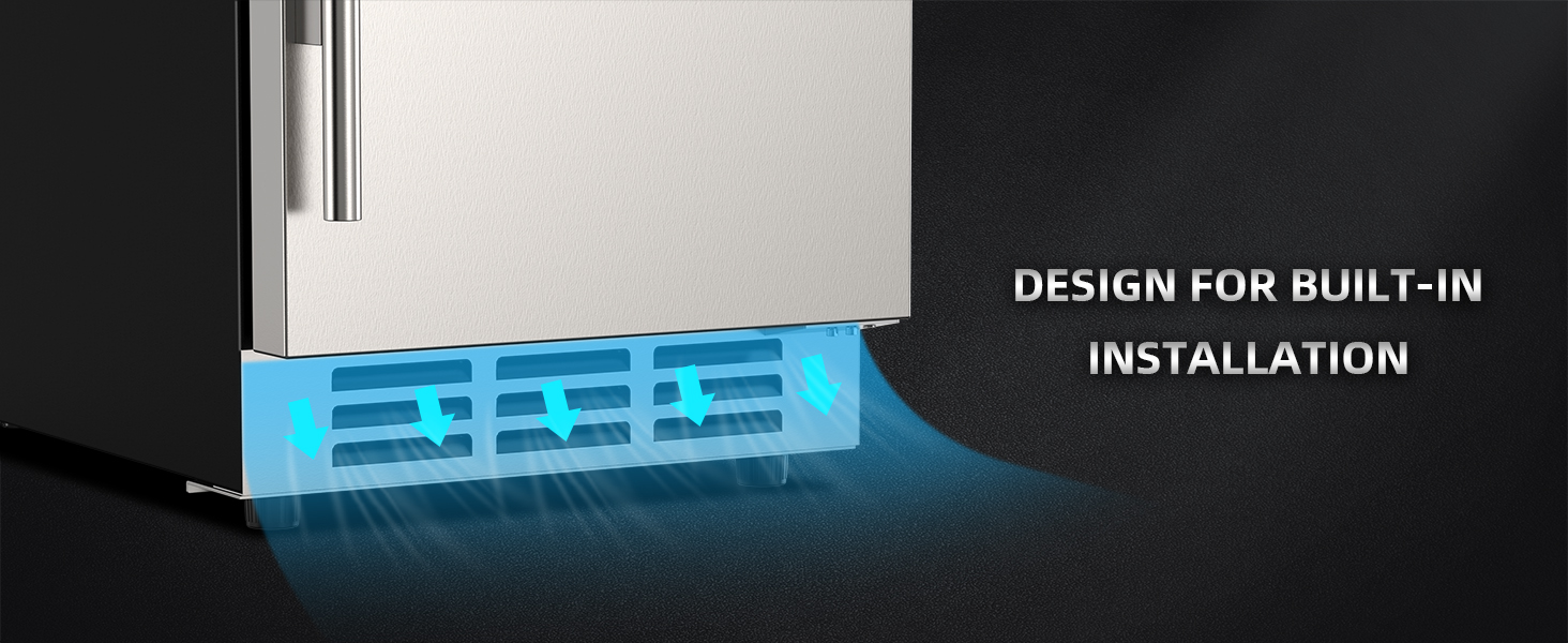 Built-in installation design with front ventilation, ensuring efficient airflow and seamless integration into kitchen or bar cabinetry for a sleek and functional setup.