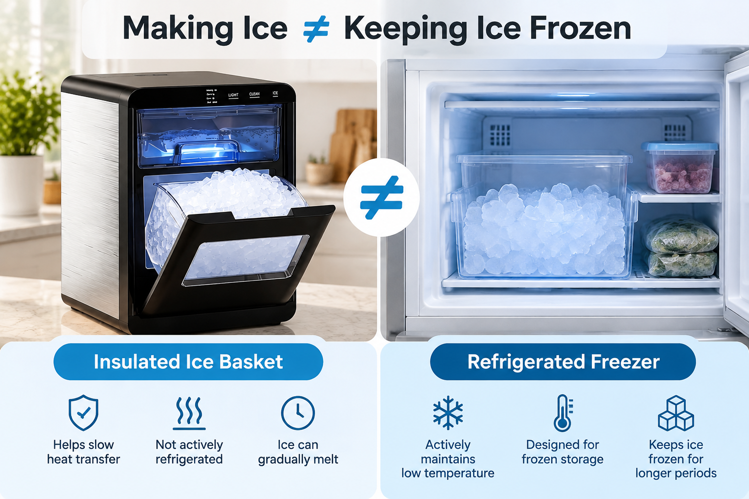 Comparison of a countertop ice maker and a freezer, illustrating the difference between making ice for temporary storage and keeping ice frozen in a consistently cold environment.