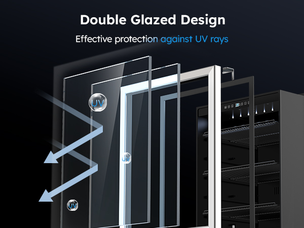 Double glazed design illustration showing effective UV ray protection with multiple glass layers, enhancing the beverage fridge's durability and maintaining stable internal conditions