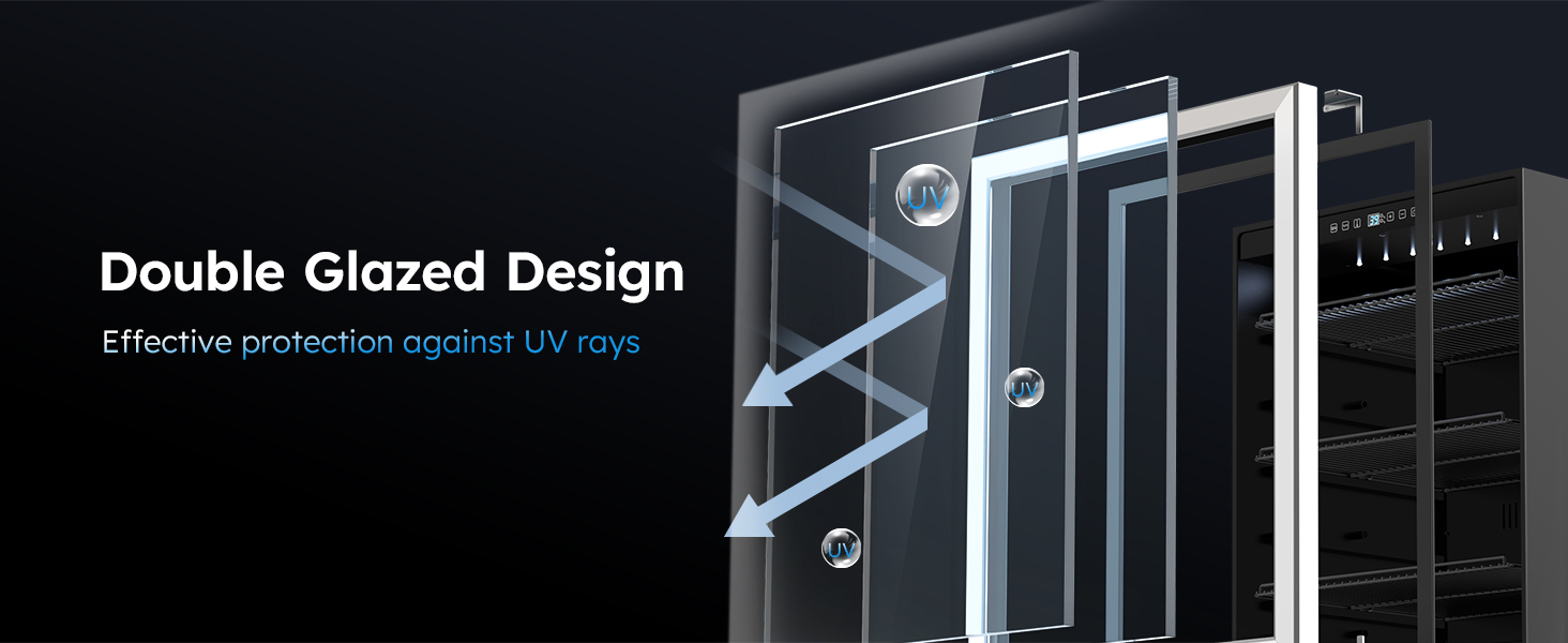 Double glazed design illustration showing effective UV ray protection with multiple glass layers, enhancing the beverage fridge's durability and maintaining stable internal conditions