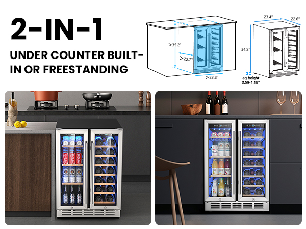 Dual-zone refrigerator with beverage zone (35-50°F) for sodas and beers, and wine zone (41-64°F) for wine storage, featuring separate compartments for optimal cooling and preservation.