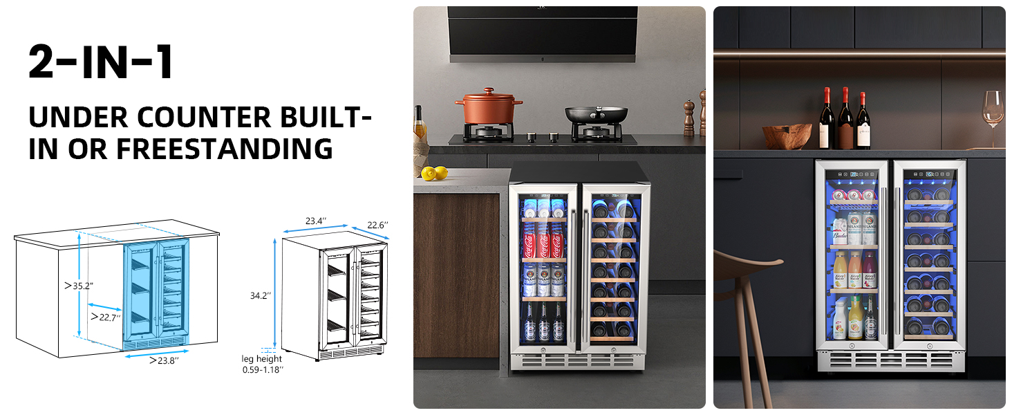 Dual-zone refrigerator with beverage zone (35-50°F) for sodas and beers, and wine zone (41-64°F) for wine storage, featuring separate compartments for optimal cooling and preservation.