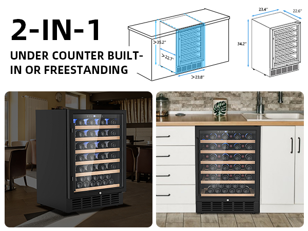 2-in-1 under-counter wine fridge with built-in and freestanding installation options, featuring precise dimensions and versatile placement for modern kitchens and dining areas.