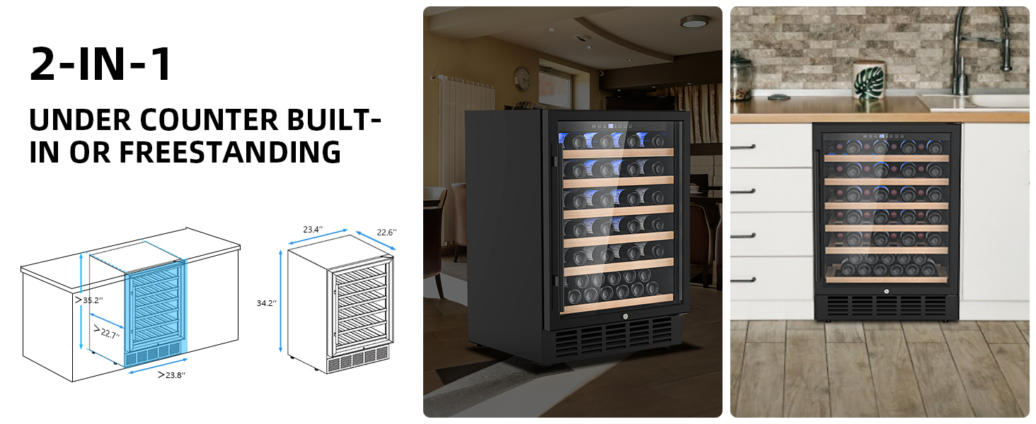 2-in-1 under-counter wine fridge with built-in and freestanding installation options, featuring precise dimensions and versatile placement for modern kitchens and dining areas.