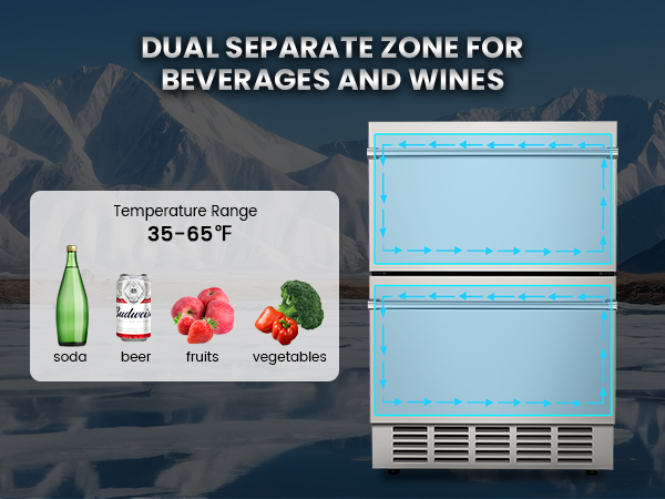 Dual separate zone fridge for beverages and wines with a temperature range of 35-65°F, ideal for storing soda, beer, fruits, and vegetables, featuring independent compartments for optimal cooling.