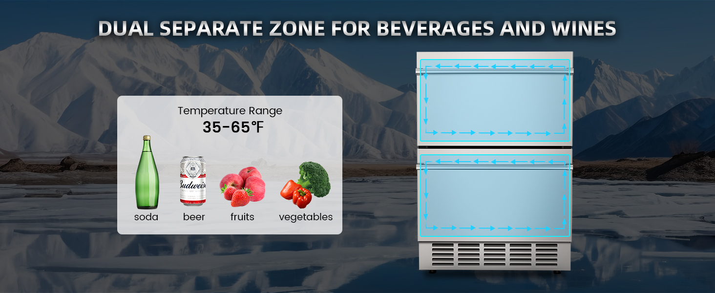 Dual separate zone fridge for beverages and wines with a temperature range of 35-65°F, ideal for storing soda, beer, fruits, and vegetables, featuring independent compartments for optimal cooling.