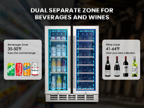 Dual-zone refrigerator with beverage zone (35-50°F) for sodas and beers, and wine zone (41-64°F) for wine storage, featuring separate compartments for optimal cooling and preservation