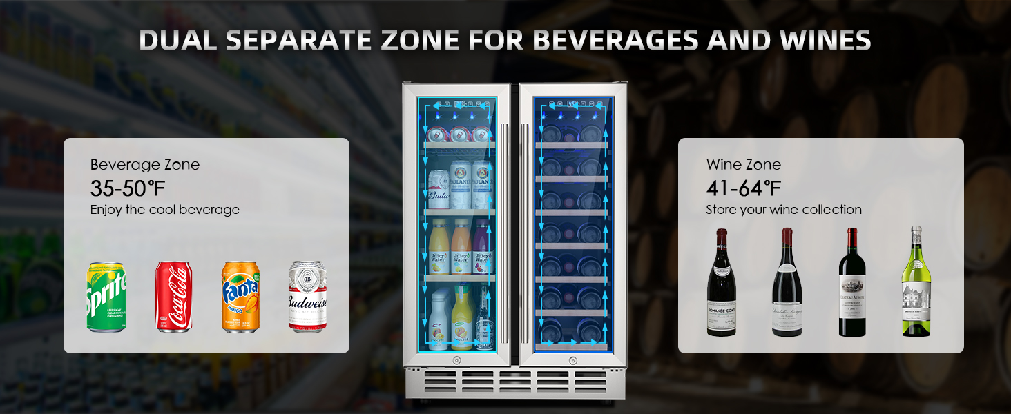 Dual-zone refrigerator with beverage zone (35-50°F) for sodas and beers, and wine zone (41-64°F) for wine storage, featuring separate compartments for optimal cooling and preservation