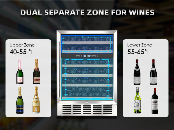 Dual-zone wine refrigerator showcasing separate temperature zones: upper zone 40-55°F for champagne and sparkling wines, and lower zone 55-65°F for red and white wines, ideal for optimal wine storage.
