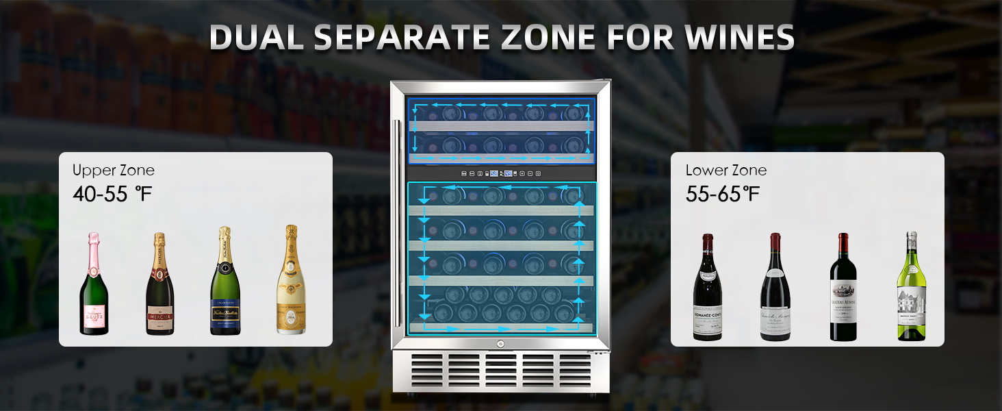 Dual-zone wine refrigerator showcasing separate temperature zones: upper zone 40-55°F for champagne and sparkling wines, and lower zone 55-65°F for red and white wines, ideal for optimal wine storage.