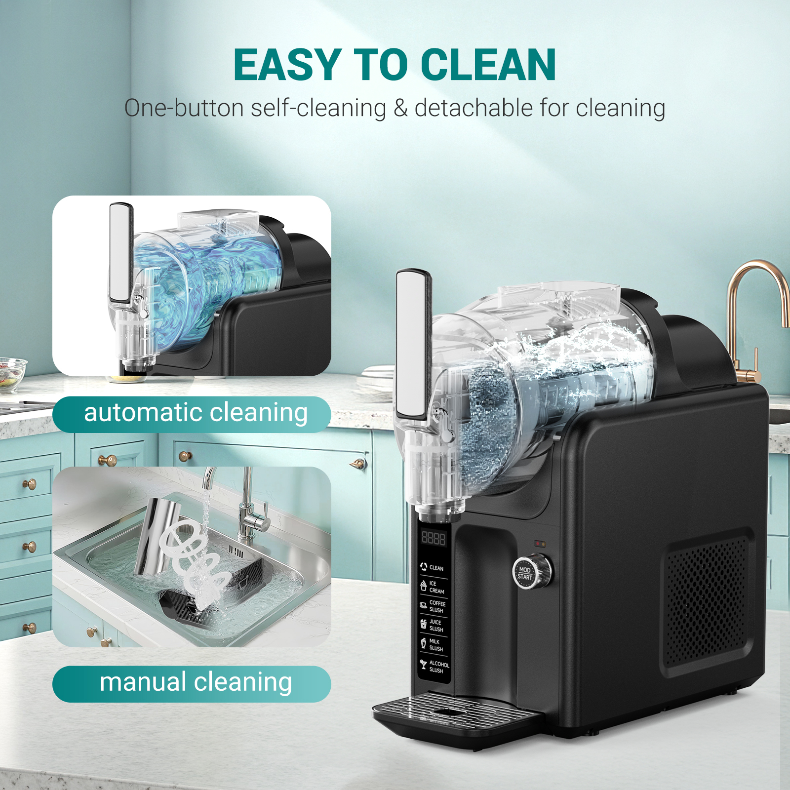 One-button self-cleaning feature and removable parts for easy manual cleaning of the Mojgar slushy machine.