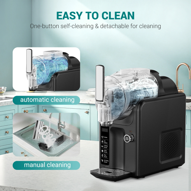 One-button self-cleaning feature and removable parts for easy manual cleaning of the Mojgar slushy machine.