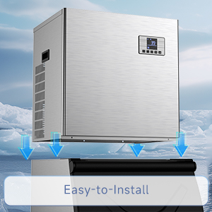 Easy-to-install commercial ice maker with a modular design, showing the top unit being placed onto the storage bin against a snowy backdrop for quick and hassle-free assembly.