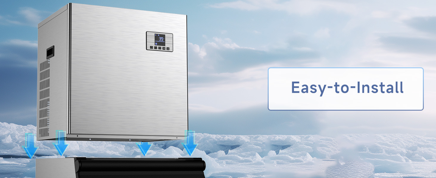 Easy-to-install commercial ice maker with a modular design, showing the top unit being placed onto the storage bin against a snowy backdrop for quick and hassle-free assembly.
