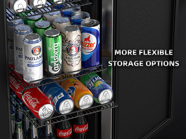 Refrigerator showcasing flexible storage options with adjustable shelves, accommodating various beverage sizes, including cans and bottles, for optimized organization and convenience.
