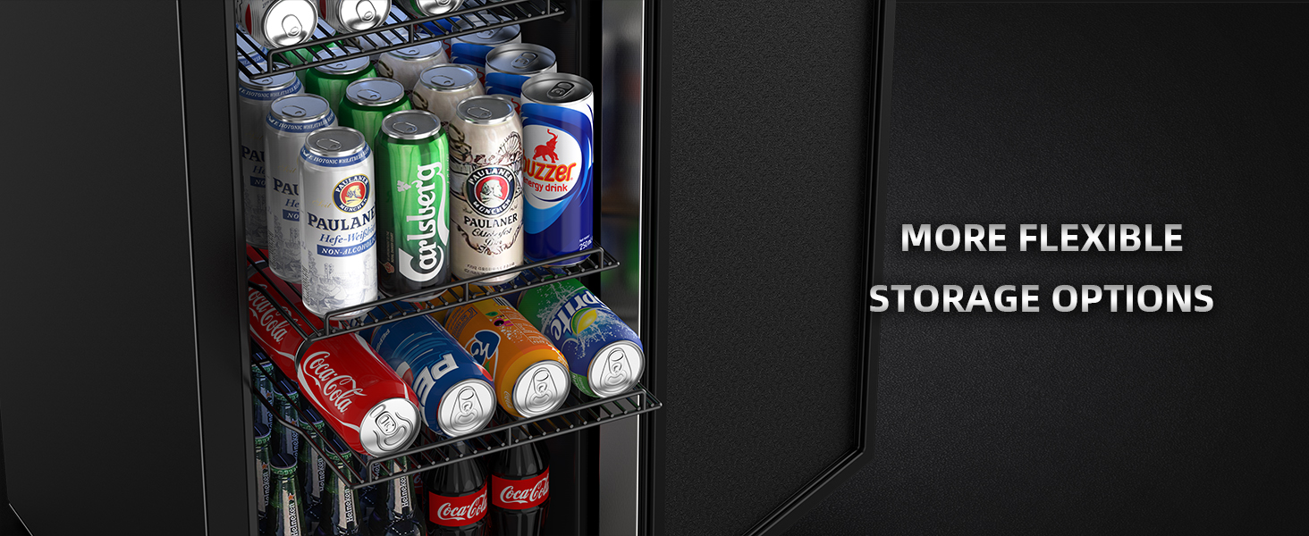 Refrigerator showcasing flexible storage options with adjustable shelves, accommodating various beverage sizes, including cans and bottles, for optimized organization and convenience.