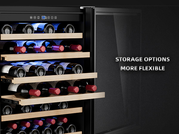 Wine fridge with adjustable wooden shelves, providing flexible storage options for different bottle sizes, ensuring organized and convenient wine collection management.