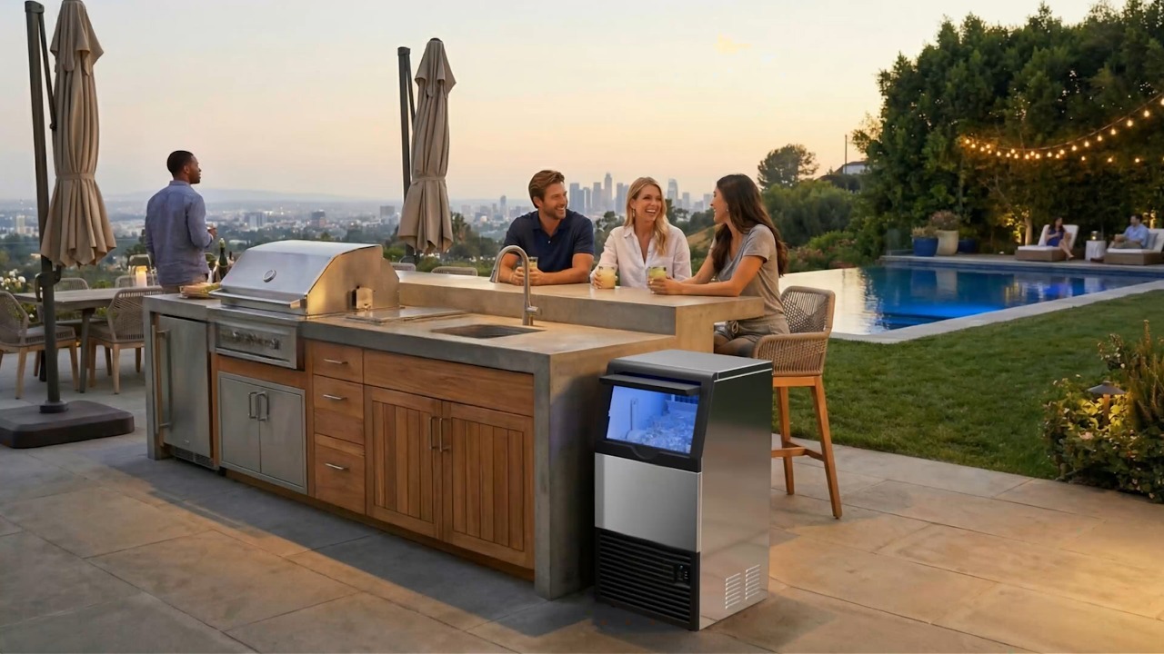 Mojgar 100 lb commercial ice maker installed in a kitchen island for home parties and everyday drinks