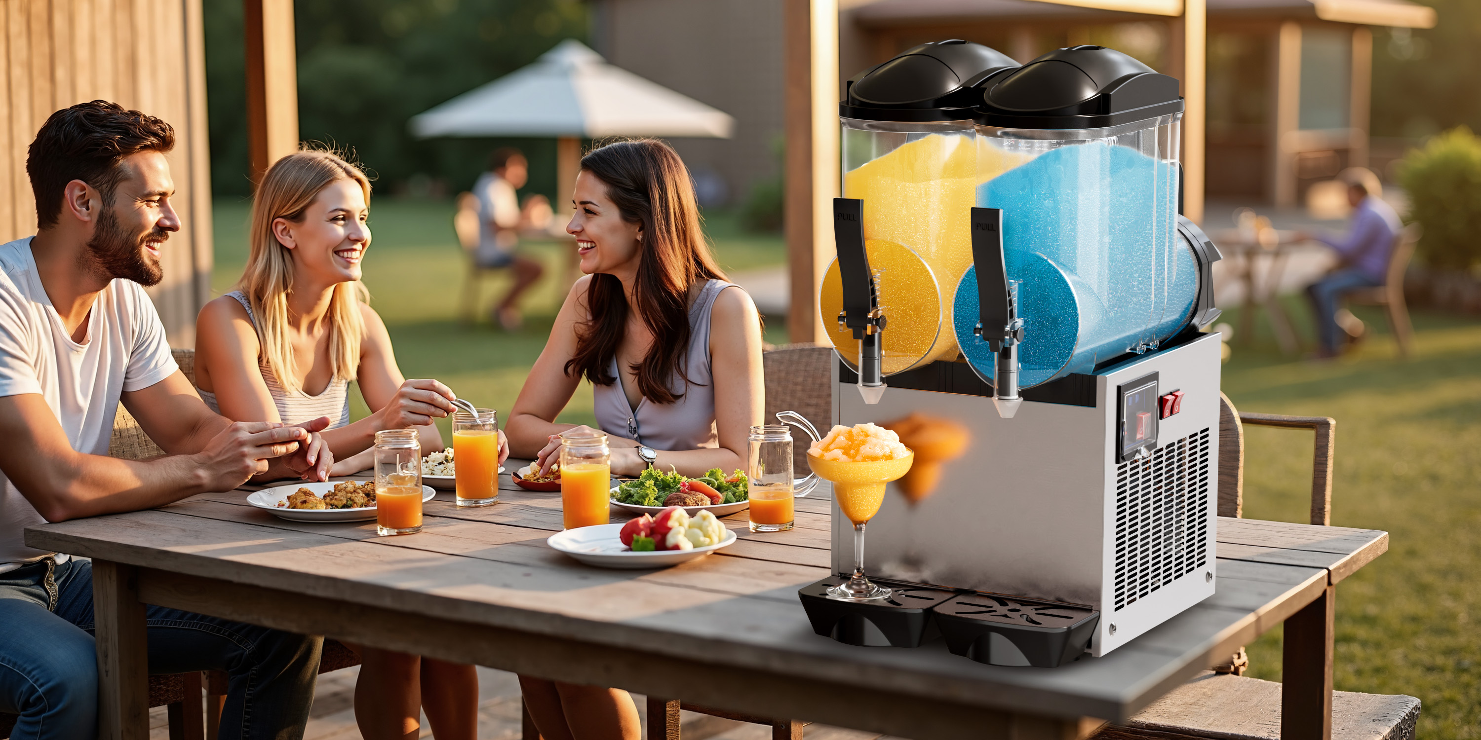 Three friends enjoying an outdoor meal and drinks on a wooden table with a sleek margarita slush machine on the side. The machine dispenses vibrant blue and yellow frozen margaritas, complementing the lively and relaxed garden party atmosphere.