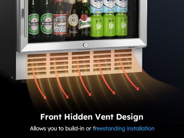 Front hidden vent design of the beverage fridge showcasing airflow, enabling seamless built-in or freestanding installation for flexible and efficient placement in various environments.