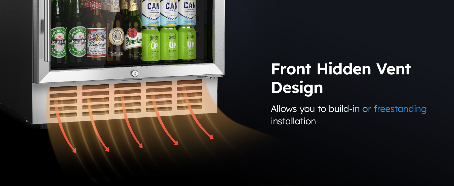 Front hidden vent design of the beverage fridge showcasing airflow, enabling seamless built-in or freestanding installation for flexible and efficient placement in various environments.
