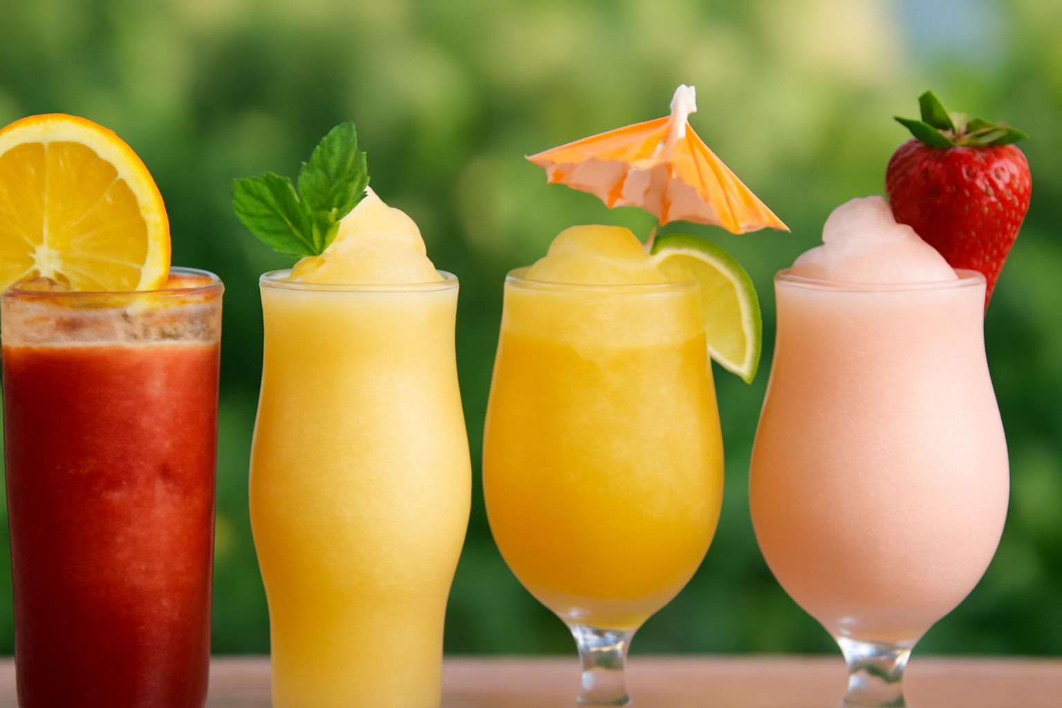 Four colorful frozen cocktails with unique garnishes: a red slushy with an orange slice, a yellow slushy with a mint sprig, an orange slushy with a paper umbrella, and a pink slushy topped with a strawberry. The drinks are set against a blurred green background.