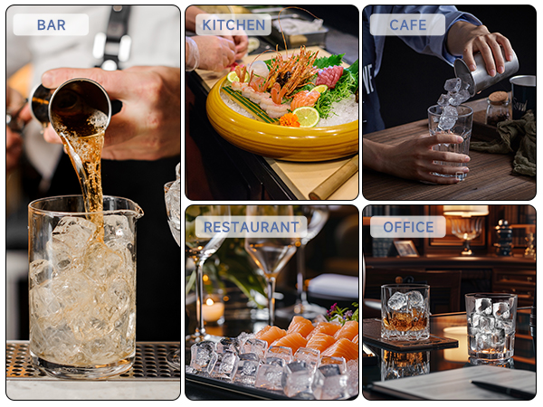 Versatile applications of commercial ice maker shown in different settings: bar, kitchen, cafe, restaurant, and office, featuring drinks and dishes served with high-quality ice.