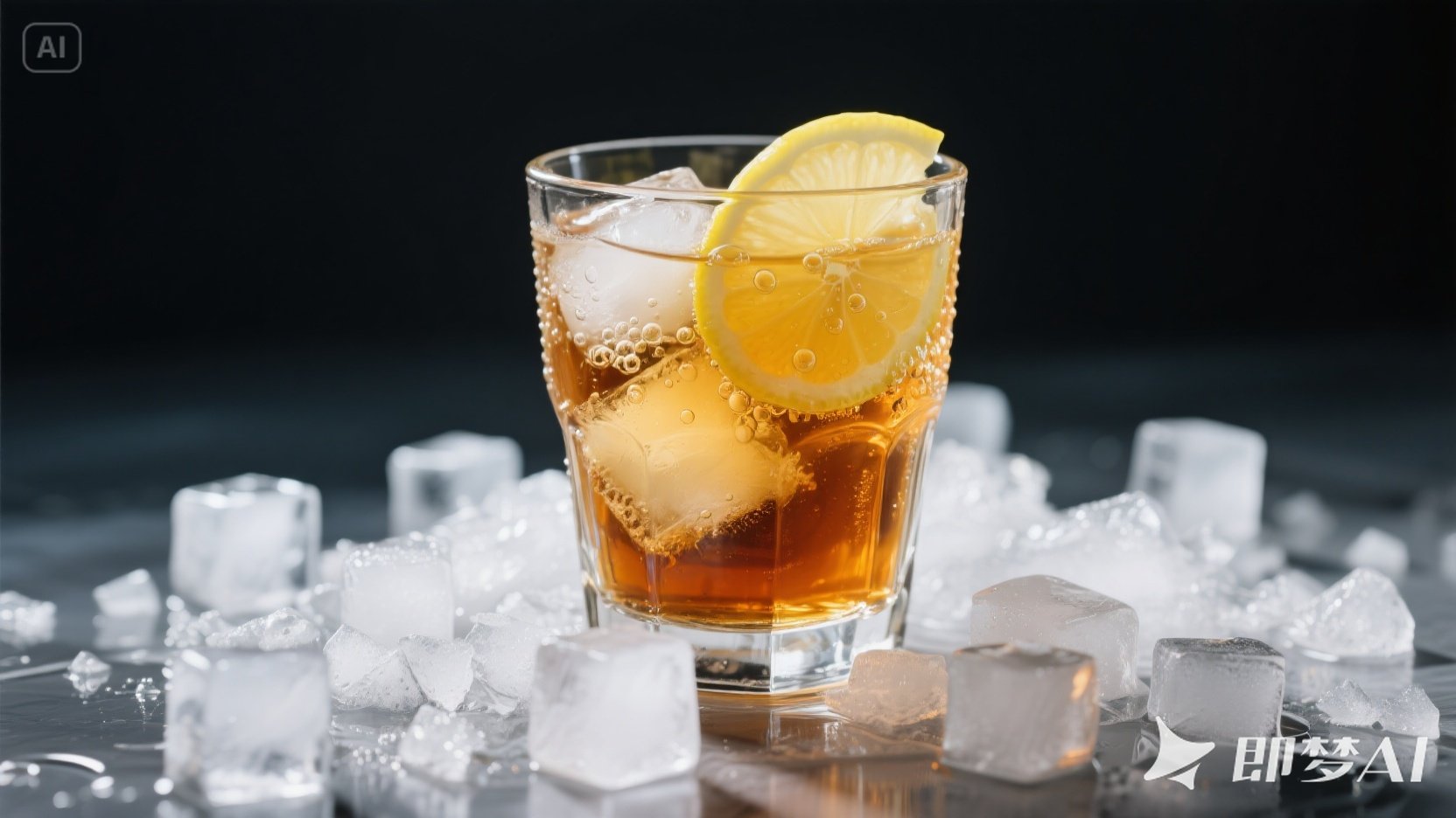 A close-up of a glass filled with iced tea, lemon slices, and cube ice, surrounded by different ice types on a reflective surface