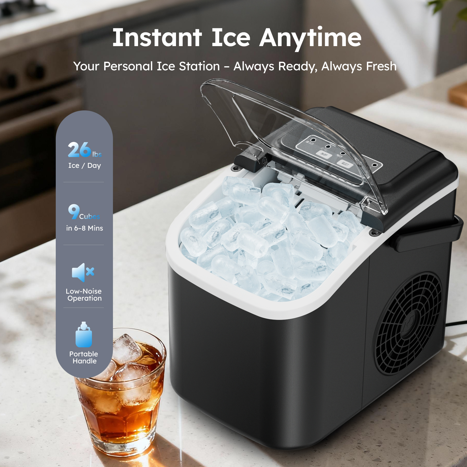 Instant ice production with Mojgar ice maker, creating 26 lbs of ice per day with a compact, portable design and low noise operation.