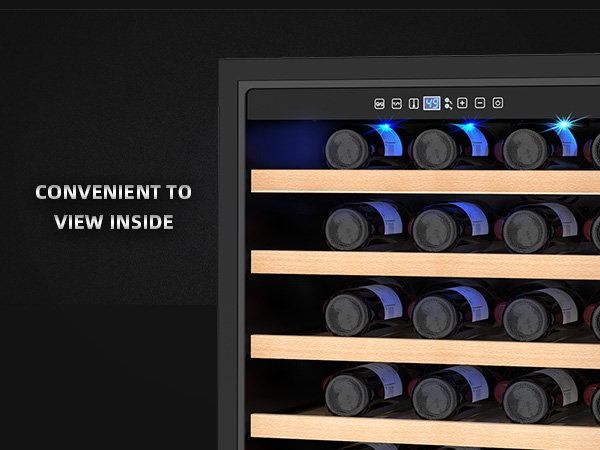 Close-up of a wine refrigerator with interior lighting, providing a clear view of stored bottles on wooden shelves, ensuring convenience and easy access in dimly lit environments.