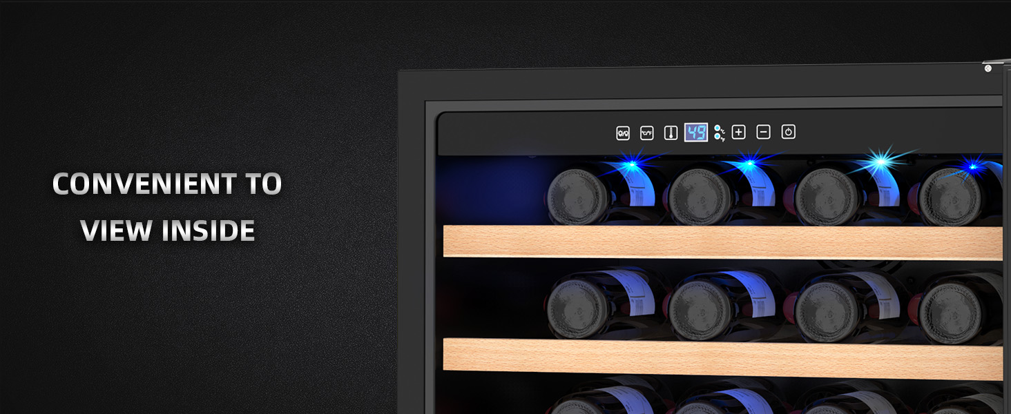 Close-up of a wine refrigerator with interior lighting, providing a clear view of stored bottles on wooden shelves, ensuring convenience and easy access in dimly lit environments.