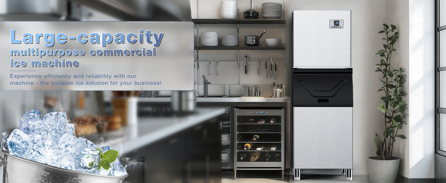 Large-capacity multipurpose commercial ice machine in a professional kitchen setting, featuring a modern design, LCD control panel, and durable stainless steel build, perfect for businesses.