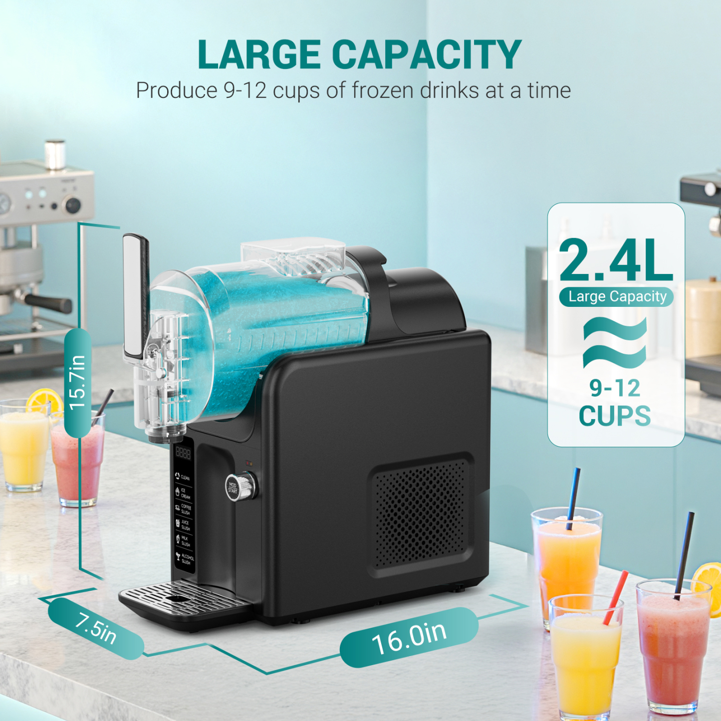 Large capacity of 2.4L to produce 9-12 cups of frozen drinks at once, perfect for parties and family gatherings.
