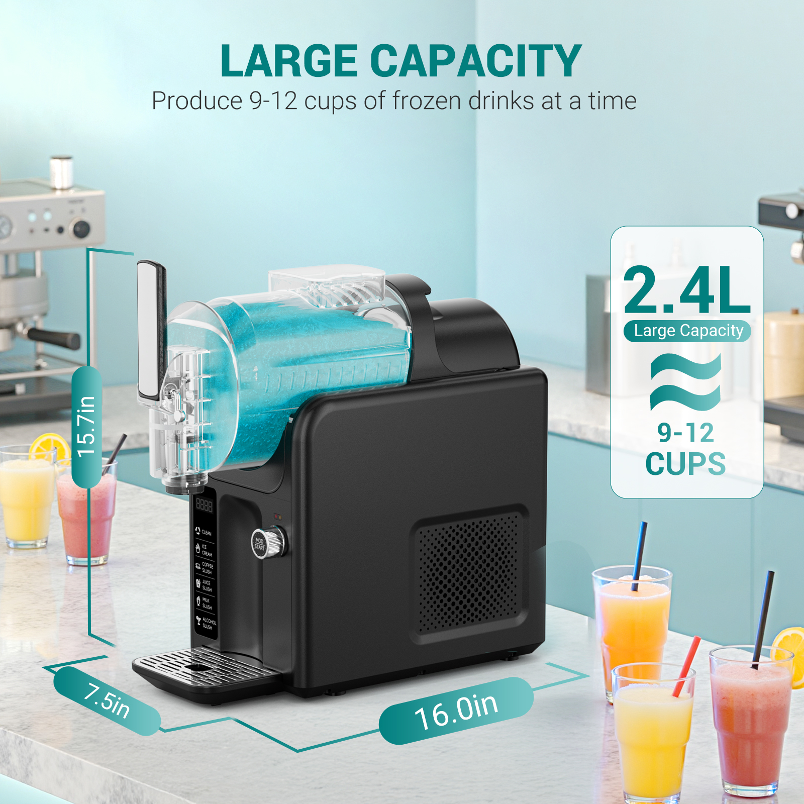 Large capacity of 2.4L to produce 9-12 cups of frozen drinks at once, perfect for parties and family gatherings.