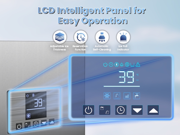 LCD intelligent control panel with features like adjustable ice thickness, reservation function, automatic self-cleaning, and ice full indicator for seamless operation of the commercial ice maker.