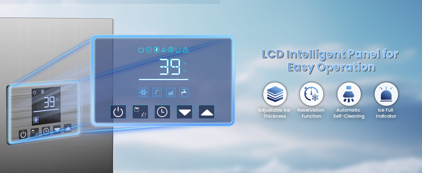 LCD intelligent control panel with features like adjustable ice thickness, reservation function, automatic self-cleaning, and ice full indicator for seamless operation of the commercial ice maker.