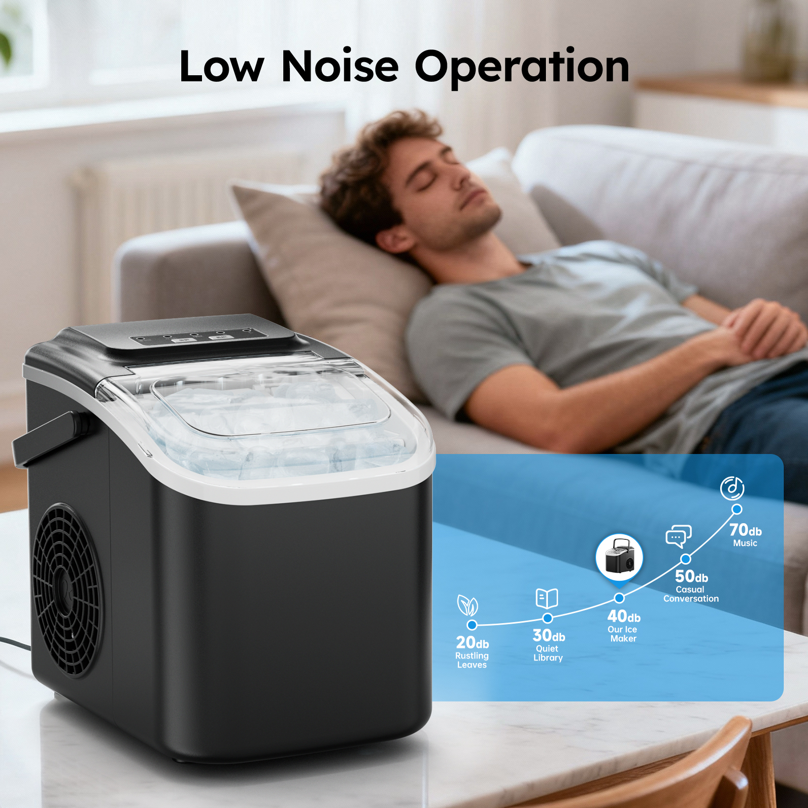 Low noise operation of the ice maker, producing ice quietly at just 40dB, ensuring it won't disturb your work or rest.