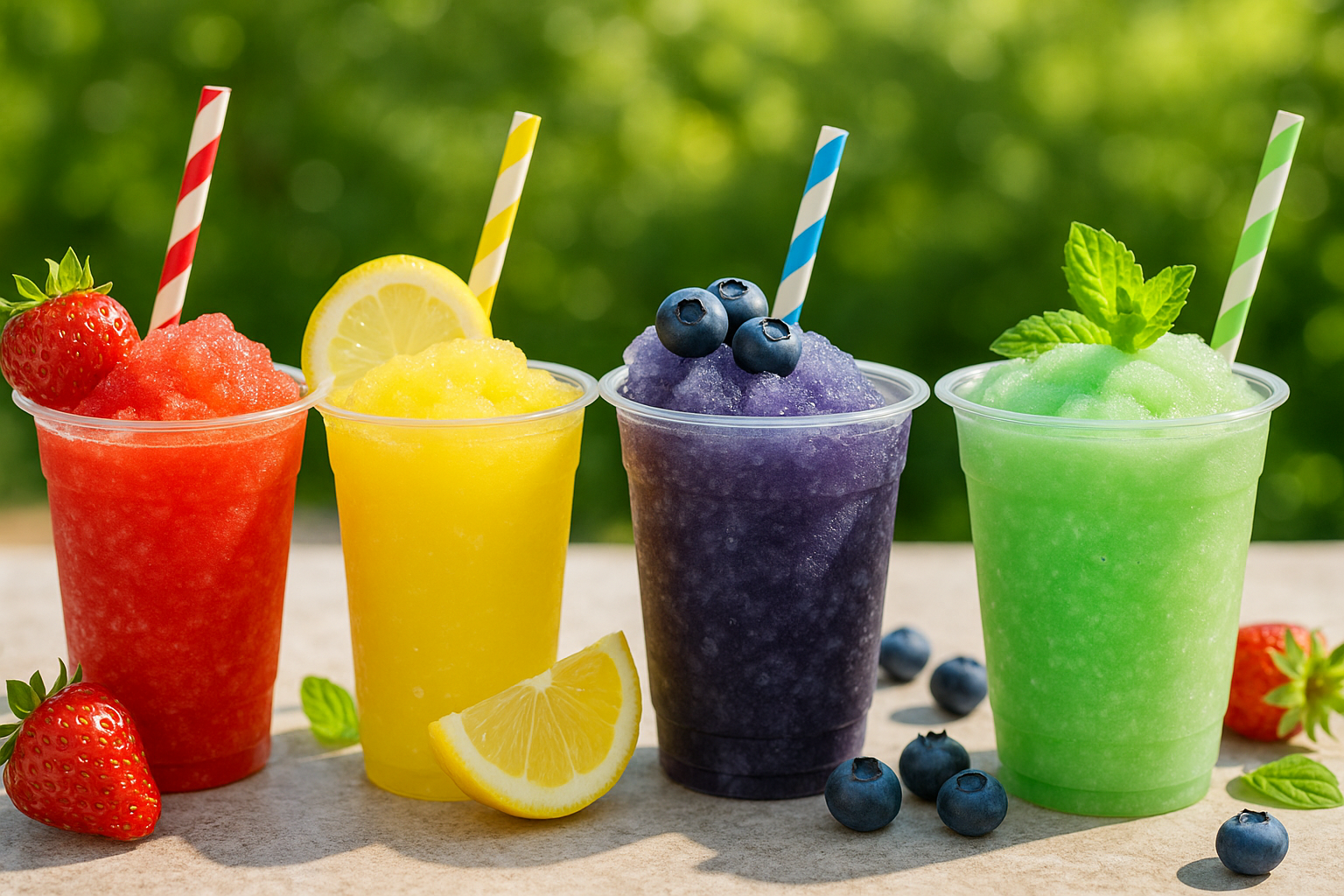 Four colorful low-sugar slushies in clear cups, garnished with fresh fruit and straws, set against a bright summer background.
