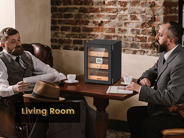 Classic living room setting with two men enjoying cigars and coffee, featuring a carbon fiber cigar humidor with wooden drawers and a hygrometer, providing an elegant touch and optimal cigar storage